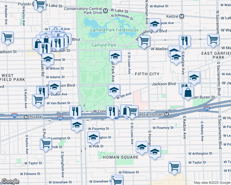 map of restaurants, bars, coffee shops, grocery stores, and more near 3553 West Jackson Boulevard in Chicago