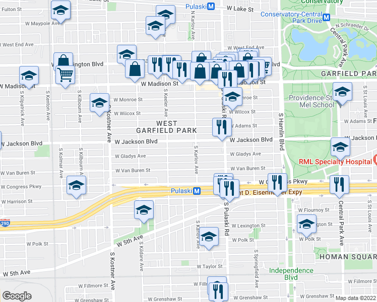 map of restaurants, bars, coffee shops, grocery stores, and more near 4124 Jackson Boulevard in Chicago