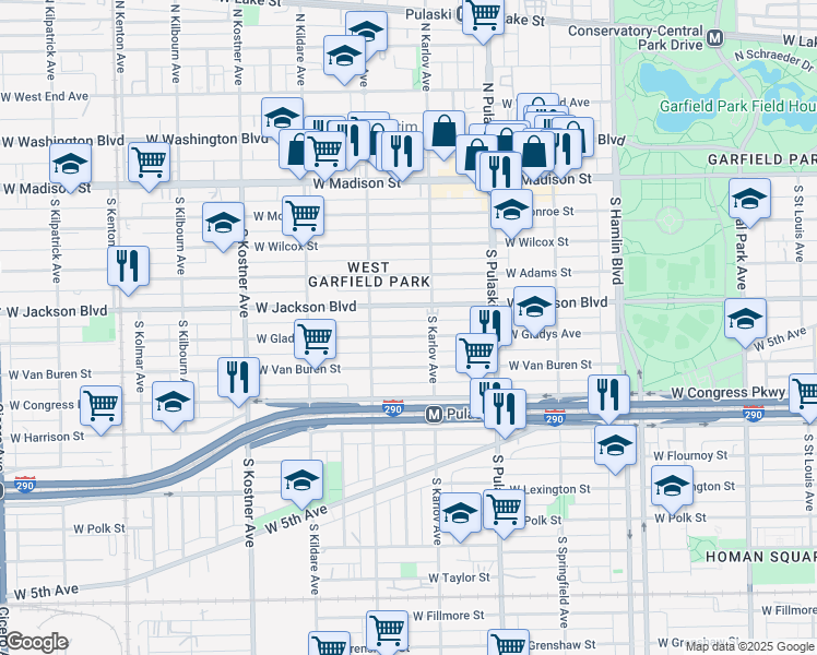 map of restaurants, bars, coffee shops, grocery stores, and more near 4124 Jackson Boulevard in Chicago