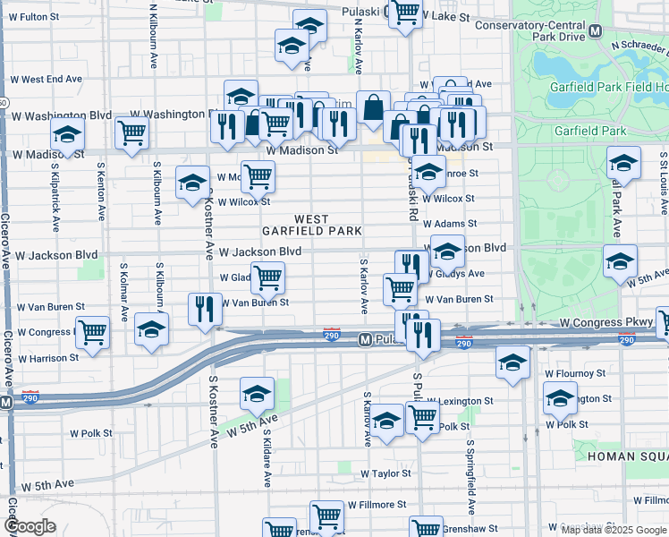 map of restaurants, bars, coffee shops, grocery stores, and more near 4124 Jackson Boulevard in Chicago
