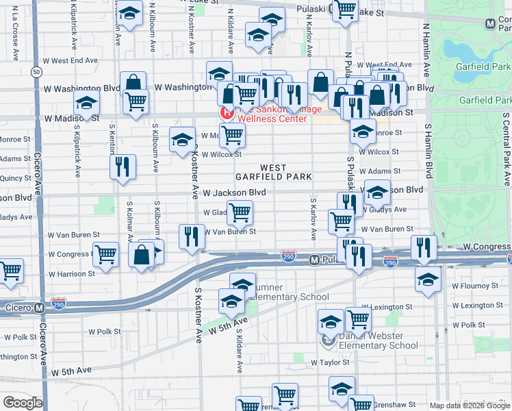 map of restaurants, bars, coffee shops, grocery stores, and more near 4241 West Jackson Boulevard in Chicago