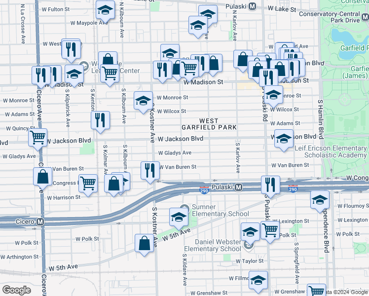 map of restaurants, bars, coffee shops, grocery stores, and more near 4241 West Jackson Boulevard in Chicago