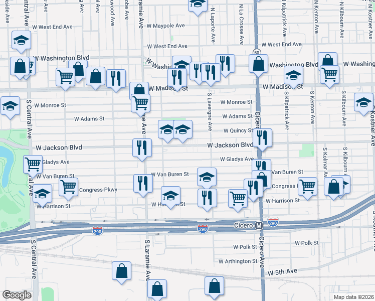 map of restaurants, bars, coffee shops, grocery stores, and more near 5058 West Jackson Boulevard in Chicago