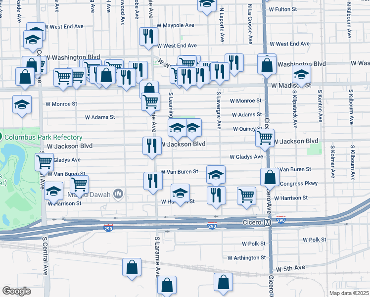 map of restaurants, bars, coffee shops, grocery stores, and more near 5088 West Jackson Boulevard in Chicago