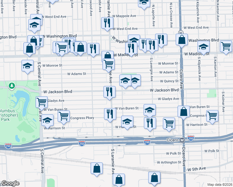 map of restaurants, bars, coffee shops, grocery stores, and more near 5130 West Jackson Boulevard in Chicago