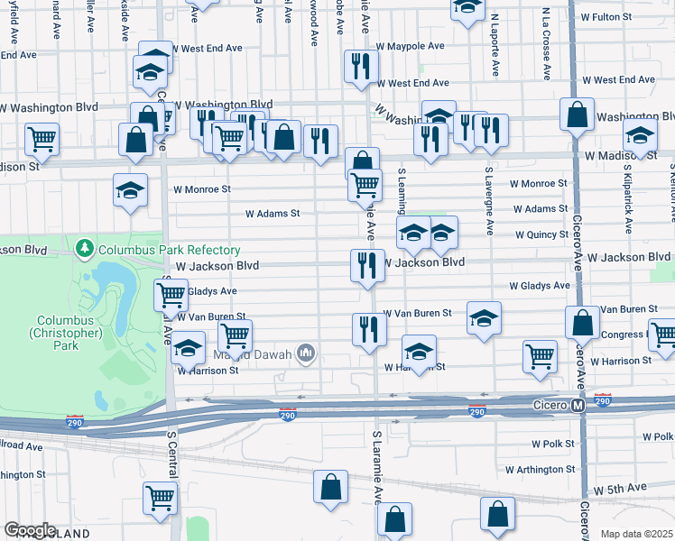 map of restaurants, bars, coffee shops, grocery stores, and more near 5224 West Jackson Boulevard in Chicago