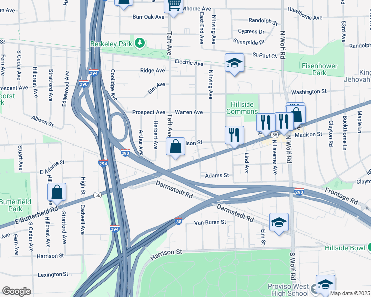 map of restaurants, bars, coffee shops, grocery stores, and more near 5156 Madison Street in Hillside