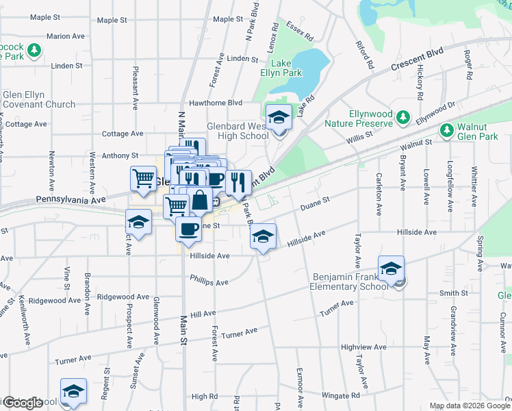 map of restaurants, bars, coffee shops, grocery stores, and more near 596 Crescent Boulevard in Glen Ellyn