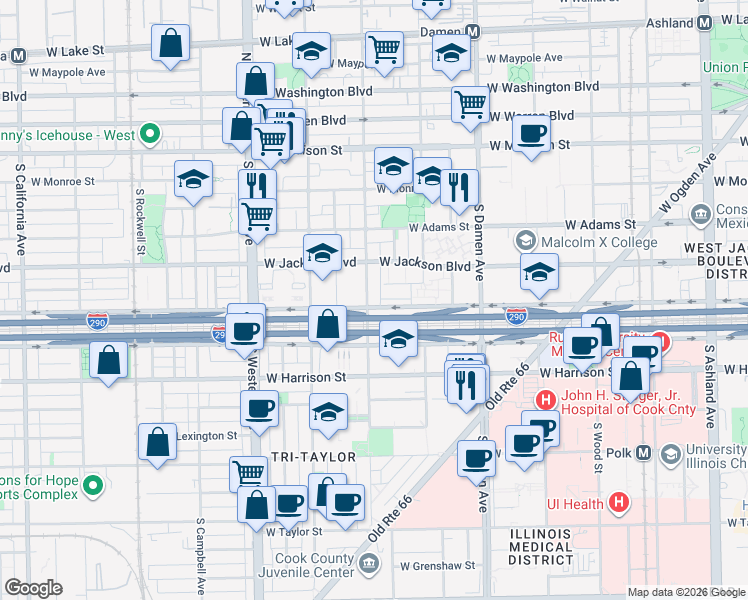 map of restaurants, bars, coffee shops, grocery stores, and more near 339 South Leavitt Street in Chicago