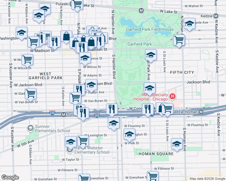 map of restaurants, bars, coffee shops, grocery stores, and more near 322 South Hamlin Boulevard in Chicago