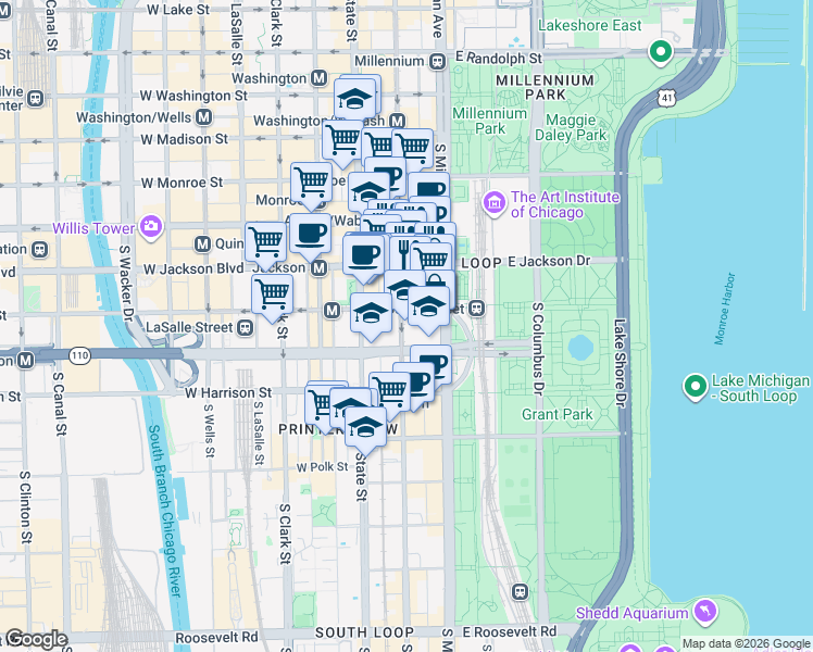 map of restaurants, bars, coffee shops, grocery stores, and more near 425 South Wabash Avenue in Chicago