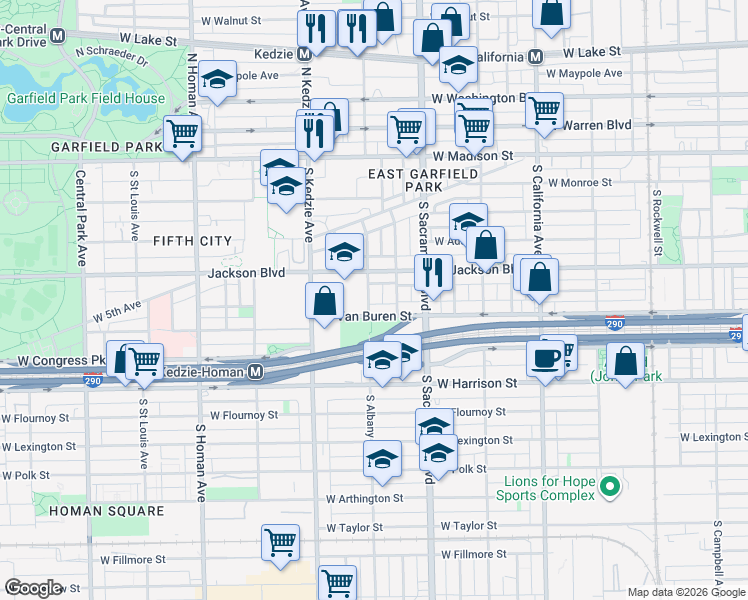map of restaurants, bars, coffee shops, grocery stores, and more near 331 South Albany Avenue in Chicago