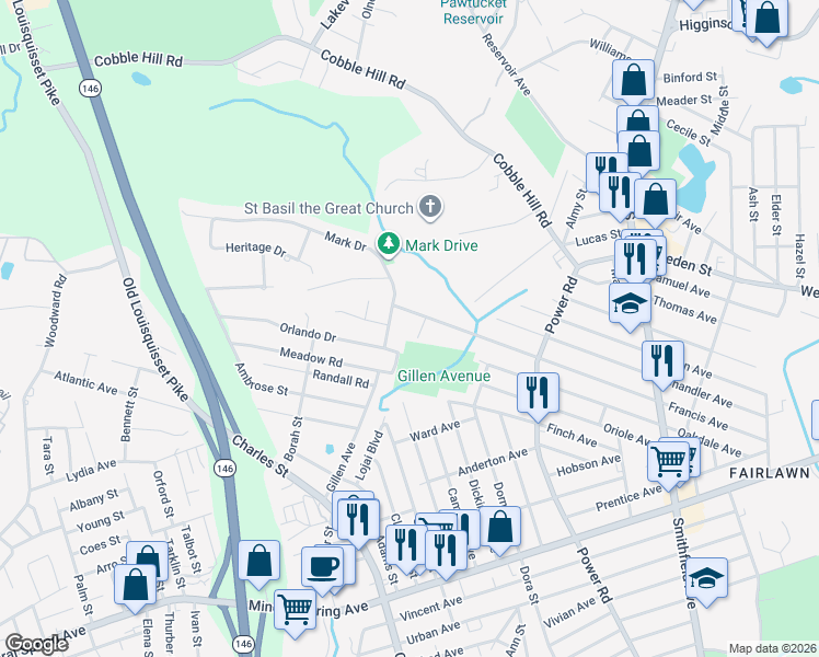 map of restaurants, bars, coffee shops, grocery stores, and more near 257 Francis Avenue in North Providence
