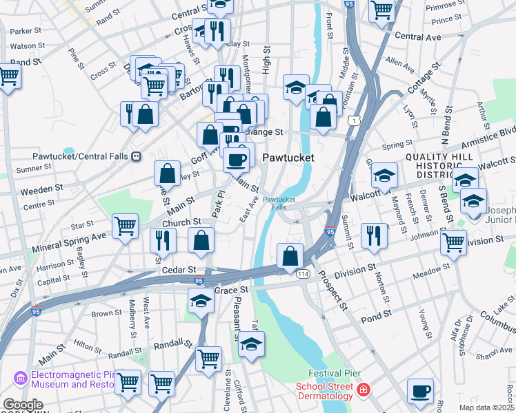 map of restaurants, bars, coffee shops, grocery stores, and more near 226 Main Street in Pawtucket