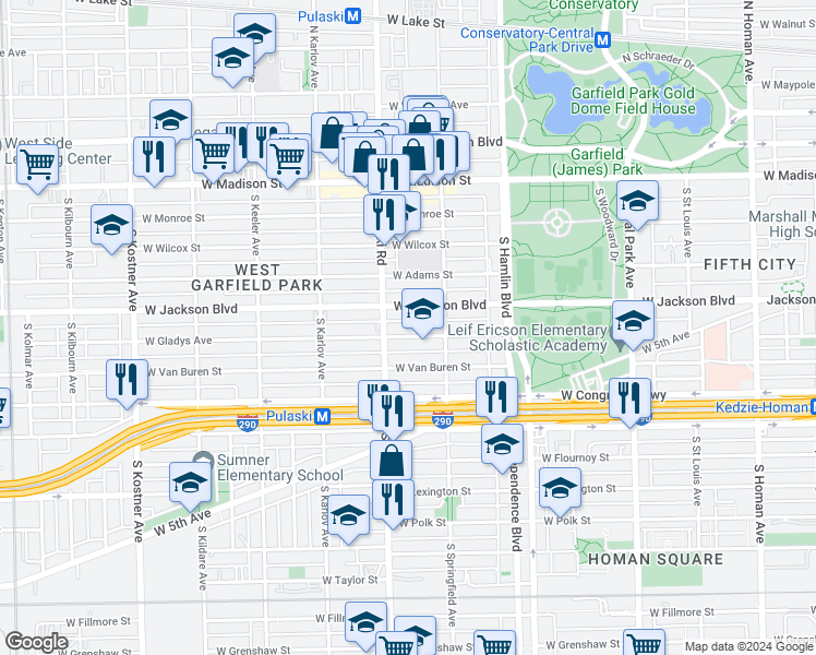 map of restaurants, bars, coffee shops, grocery stores, and more near 3936 West Gladys Avenue in Chicago