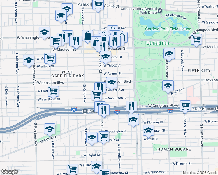 map of restaurants, bars, coffee shops, grocery stores, and more near 3928 West Jackson Boulevard in Chicago