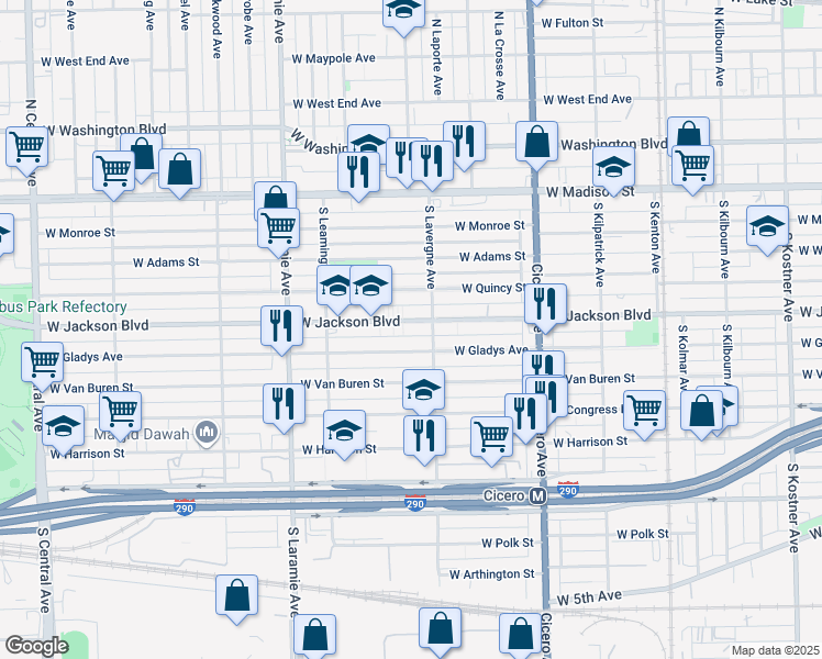 map of restaurants, bars, coffee shops, grocery stores, and more near 5019 West Jackson Boulevard in Chicago