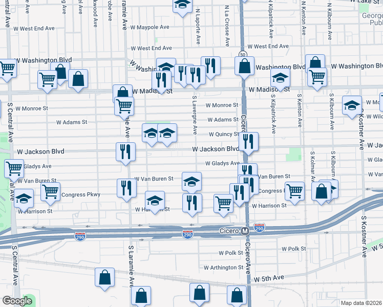 map of restaurants, bars, coffee shops, grocery stores, and more near 5007 West Jackson Boulevard in Chicago