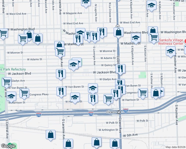 map of restaurants, bars, coffee shops, grocery stores, and more near 5012 West Jackson Boulevard in Chicago