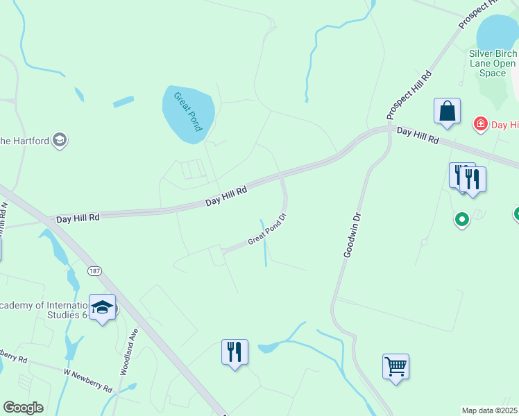 map of restaurants, bars, coffee shops, grocery stores, and more near 50 Great Pond Drive in Windsor