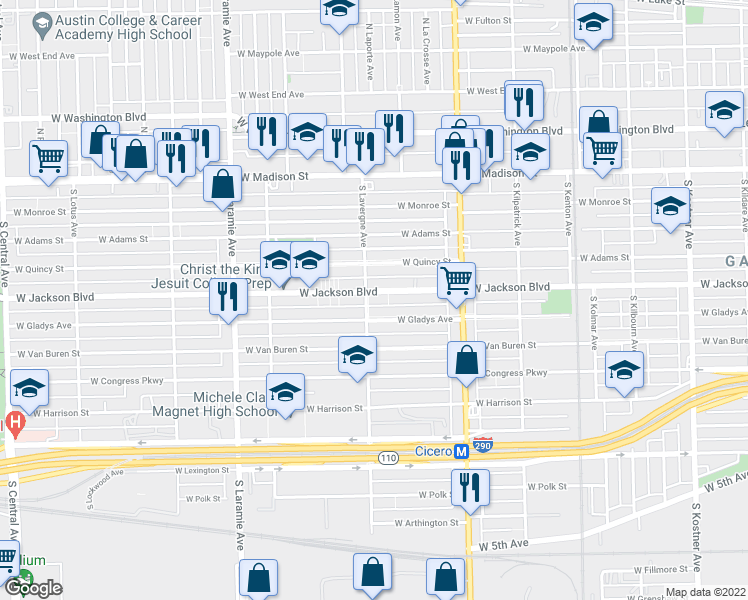 map of restaurants, bars, coffee shops, grocery stores, and more near 4928 West Jackson Boulevard in Chicago