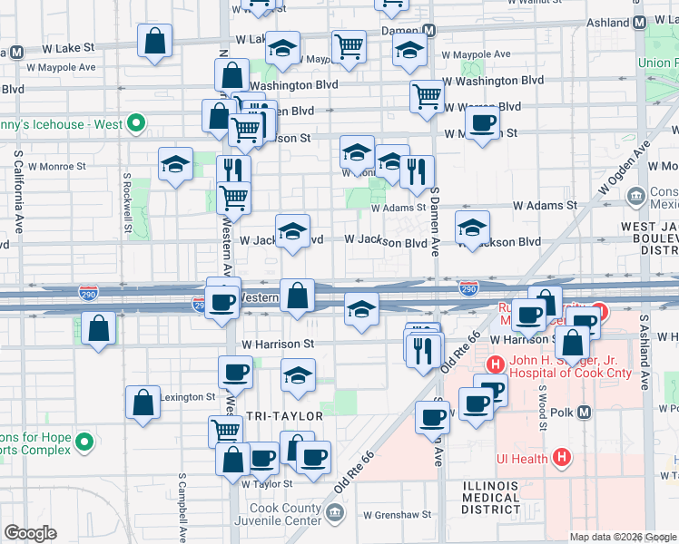 map of restaurants, bars, coffee shops, grocery stores, and more near 337 South Leavitt Street in Chicago