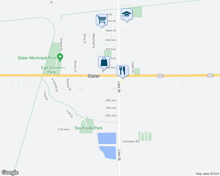 map of restaurants, bars, coffee shops, grocery stores, and more near 701 Linn Street in Slater