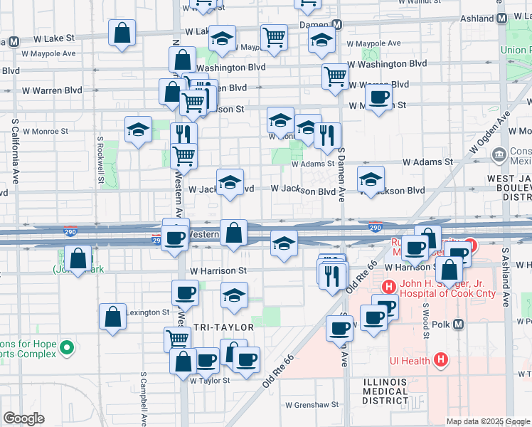 map of restaurants, bars, coffee shops, grocery stores, and more near 317 South Leavitt Street in Chicago