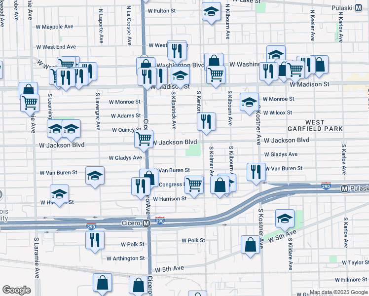 map of restaurants, bars, coffee shops, grocery stores, and more near 4641 West Jackson Boulevard in Chicago