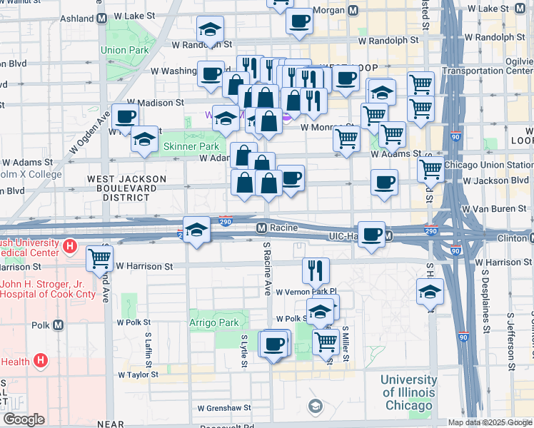 map of restaurants, bars, coffee shops, grocery stores, and more near South Racine Avenue & West Van Buren Street in Chicago