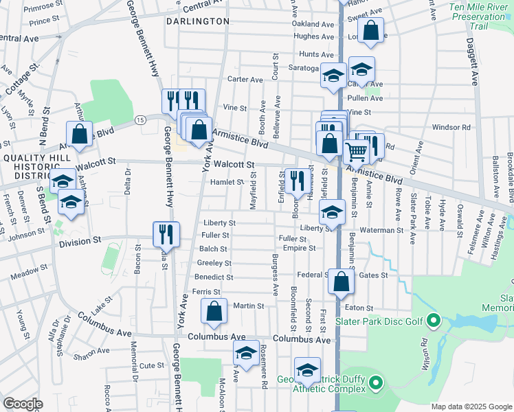 map of restaurants, bars, coffee shops, grocery stores, and more near 34 Mayfield Street in Pawtucket