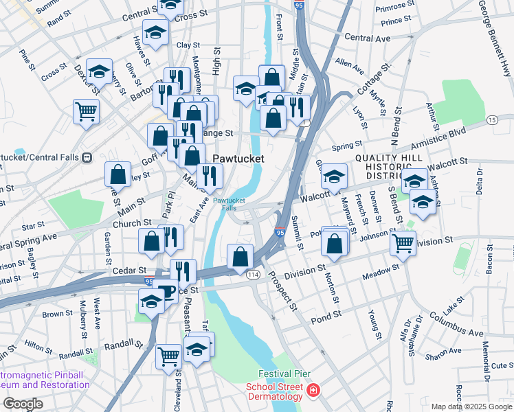map of restaurants, bars, coffee shops, grocery stores, and more near 68 Broadway in Pawtucket