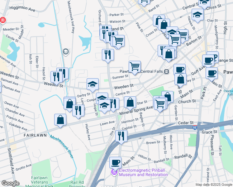map of restaurants, bars, coffee shops, grocery stores, and more near 320 Weeden Street in Pawtucket