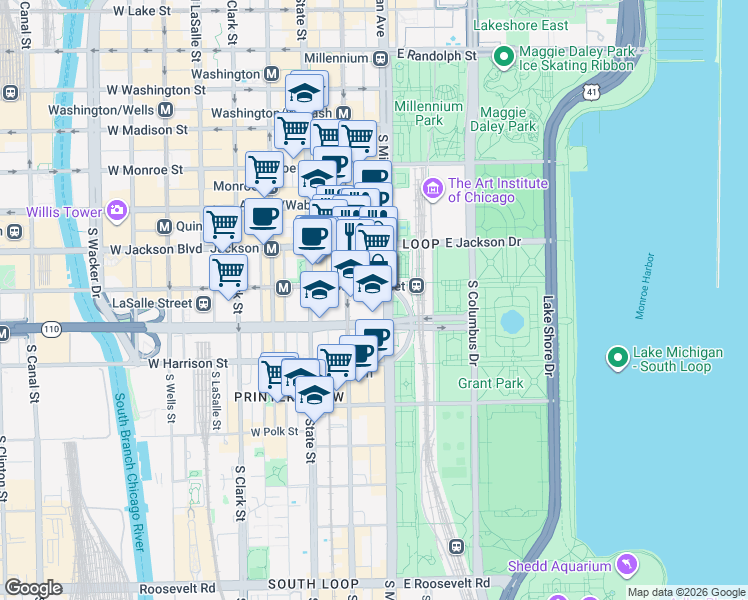 map of restaurants, bars, coffee shops, grocery stores, and more near 332 South Michigan Avenue in Chicago