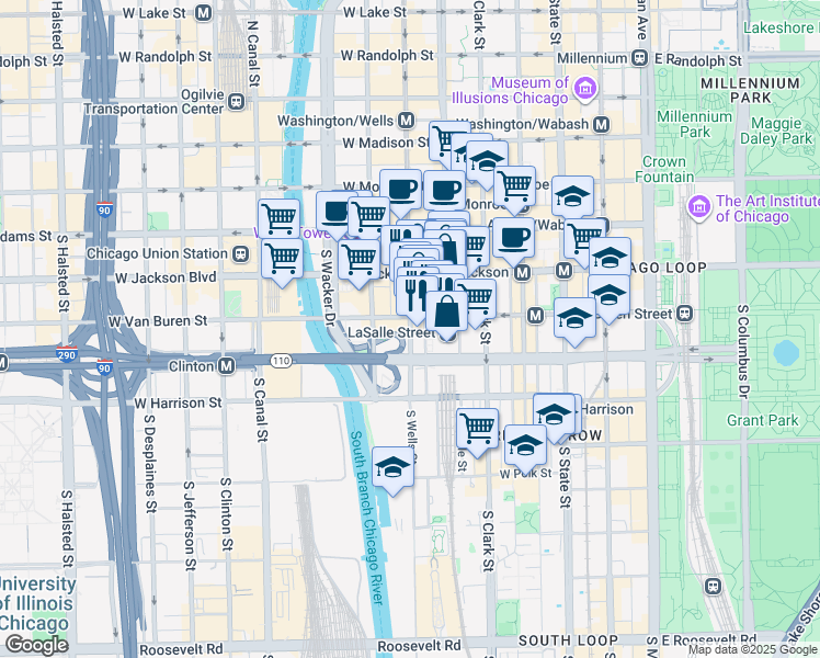 map of restaurants, bars, coffee shops, grocery stores, and more near 166 West Van Buren Street in Chicago