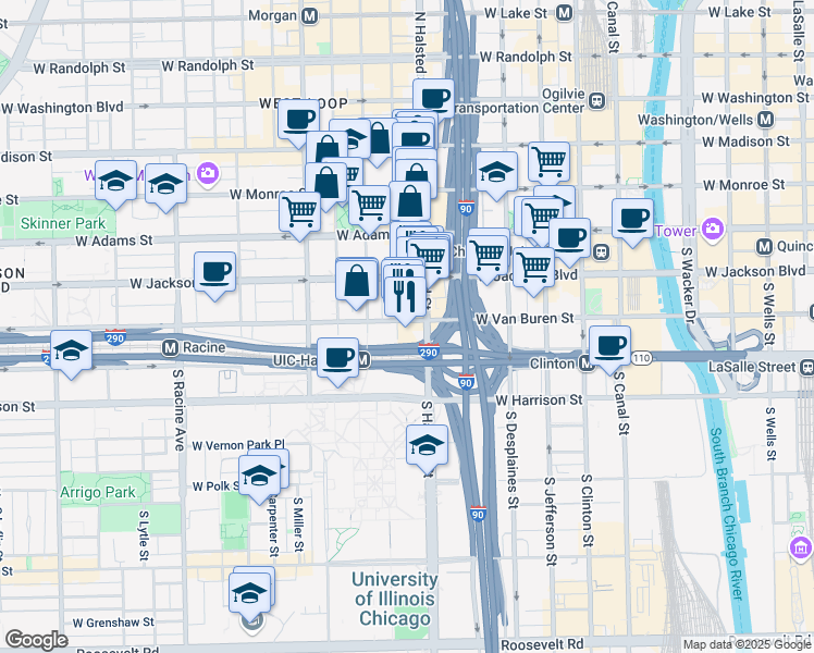 map of restaurants, bars, coffee shops, grocery stores, and more near 319 South Green Street in Chicago