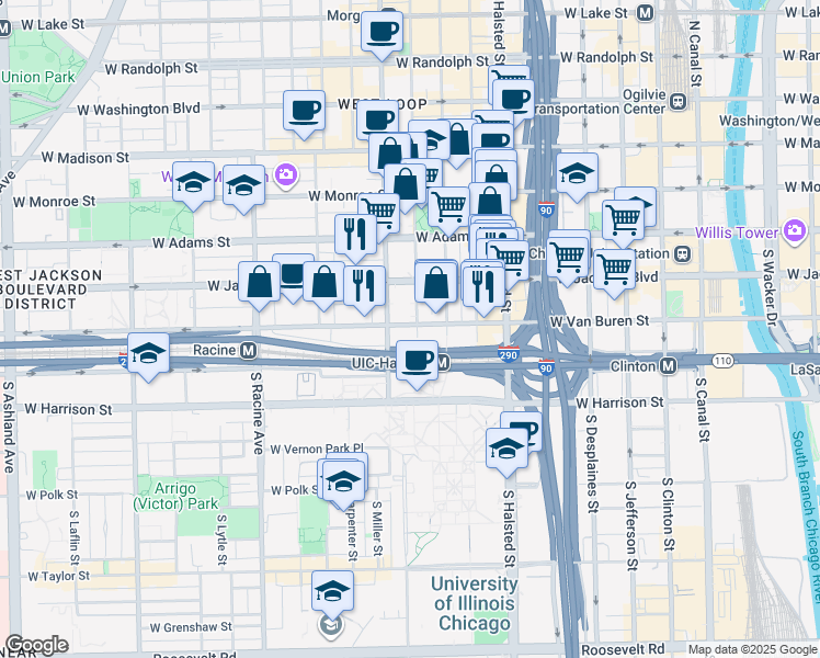 map of restaurants, bars, coffee shops, grocery stores, and more near 947 West Van Buren Street in Chicago