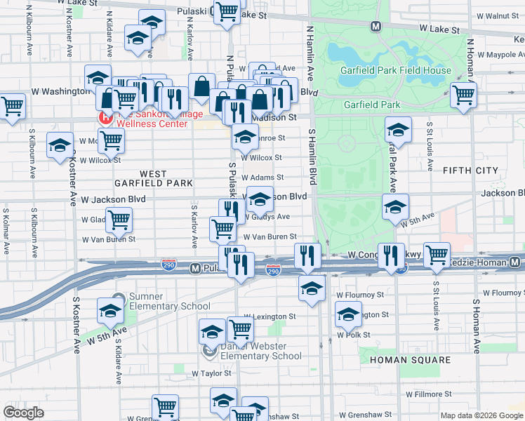 map of restaurants, bars, coffee shops, grocery stores, and more near 3928 West Jackson Boulevard in Chicago