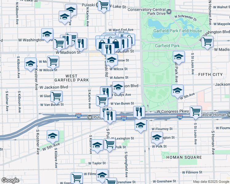 map of restaurants, bars, coffee shops, grocery stores, and more near 3928 West Jackson Boulevard in Chicago
