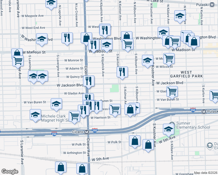 map of restaurants, bars, coffee shops, grocery stores, and more near 4652 West Jackson Boulevard in Chicago