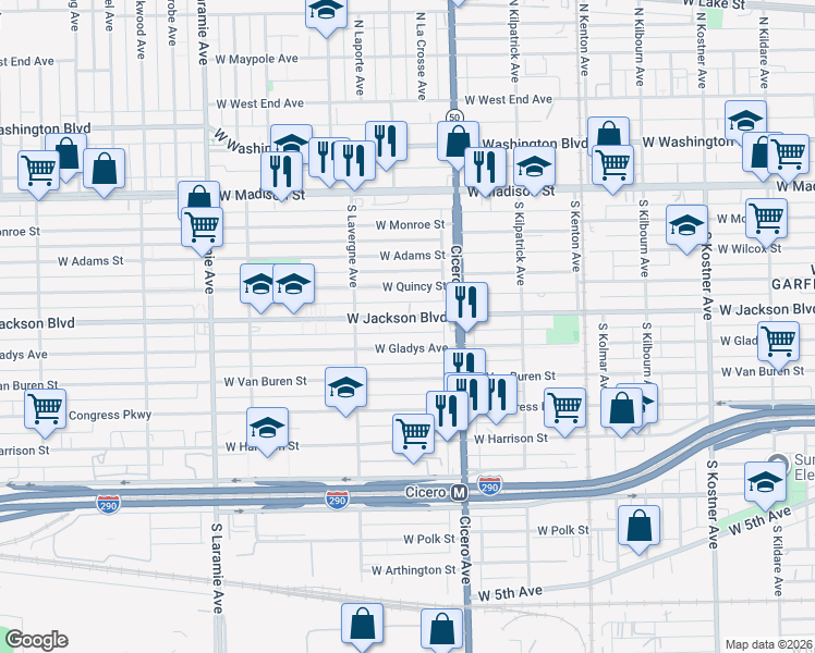 map of restaurants, bars, coffee shops, grocery stores, and more near 4846 West Jackson Boulevard in Chicago