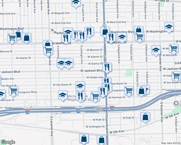 map of restaurants, bars, coffee shops, grocery stores, and more near 4913 West Jackson Boulevard in Chicago