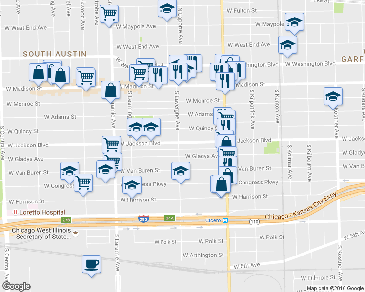 map of restaurants, bars, coffee shops, grocery stores, and more near 4928 West Jackson Boulevard in Chicago