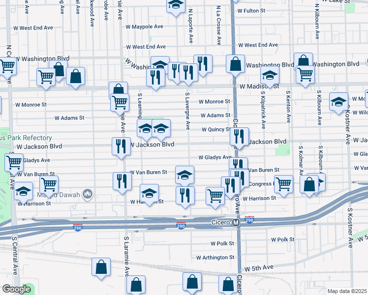 map of restaurants, bars, coffee shops, grocery stores, and more near 5012 West Jackson Boulevard in Chicago
