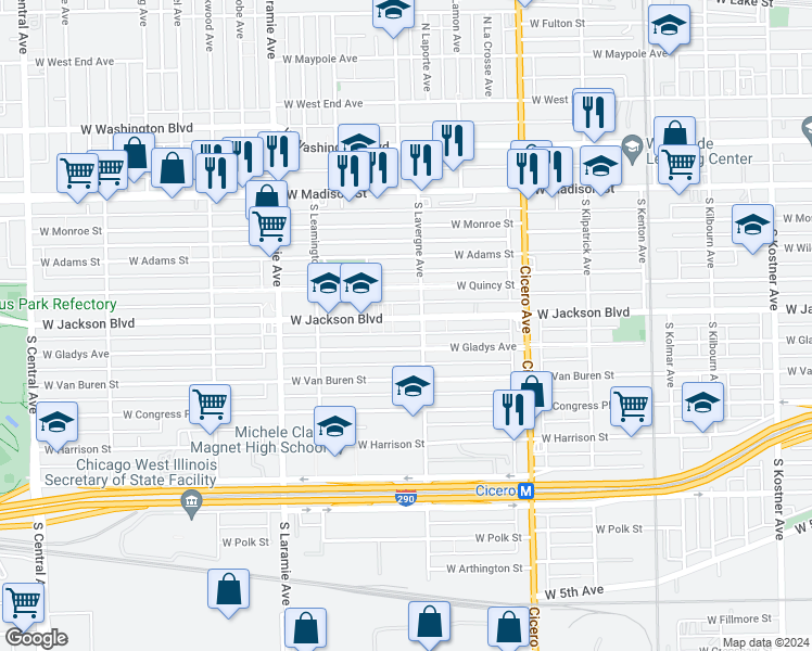 map of restaurants, bars, coffee shops, grocery stores, and more near 5012 West Jackson Boulevard in Chicago