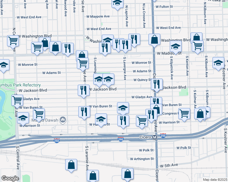 map of restaurants, bars, coffee shops, grocery stores, and more near 5058 West Jackson Boulevard in Chicago