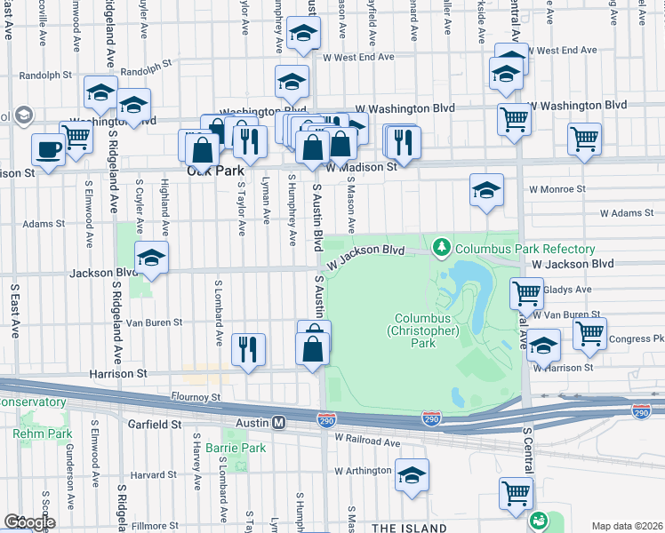 map of restaurants, bars, coffee shops, grocery stores, and more near 300 South Austin Boulevard in Oak Park