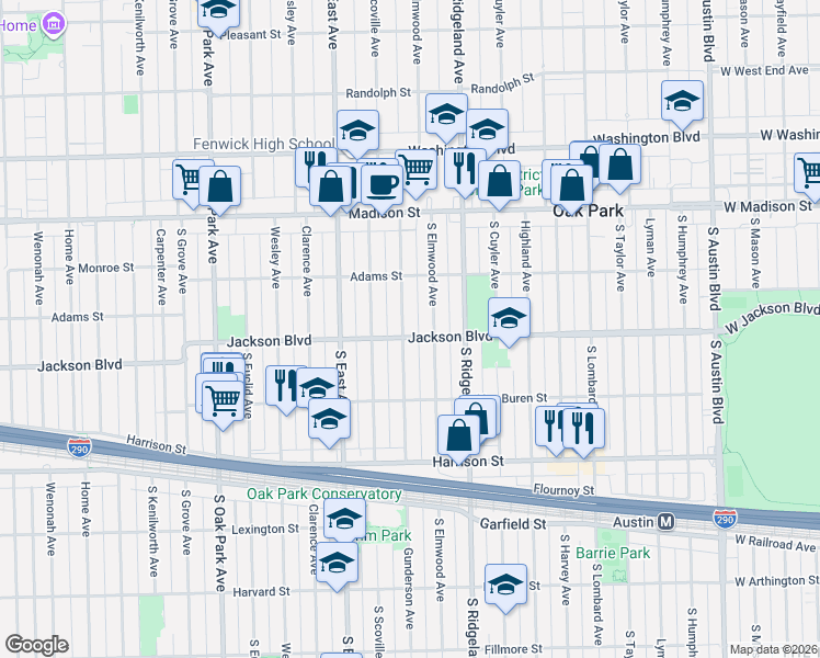 map of restaurants, bars, coffee shops, grocery stores, and more near 625 South Elmwood Avenue in Oak Park