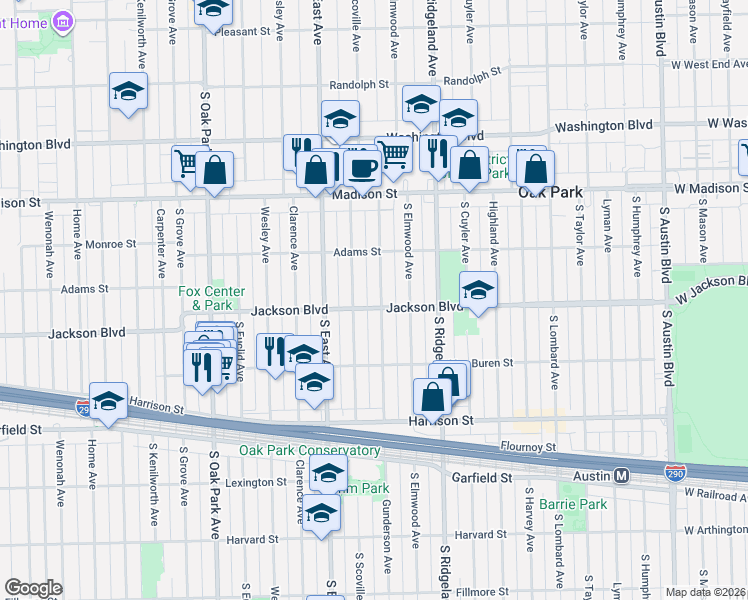 map of restaurants, bars, coffee shops, grocery stores, and more near 628 South Scoville Avenue in Oak Park