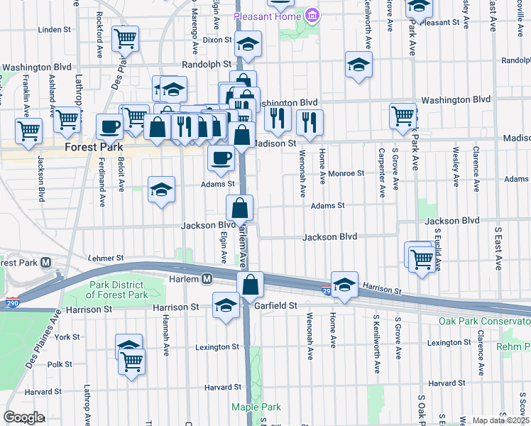 map of restaurants, bars, coffee shops, grocery stores, and more near 631 South Maple Avenue in Oak Park